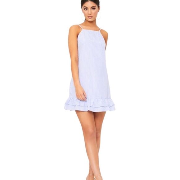 PrettyLittleThing Blue Striped Square Neck Shift Dress - Picture 1 of 8